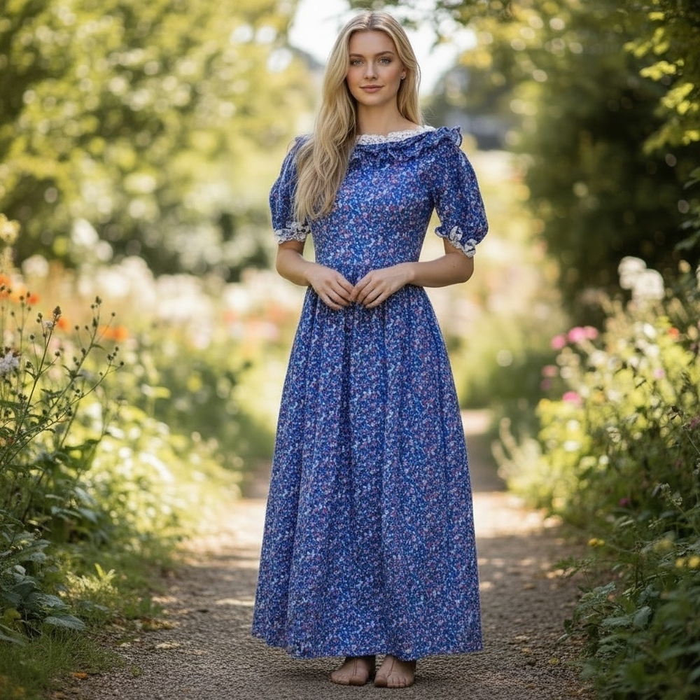 VTG Prairie Dress Size 6 Blue Ditsy Floral Long Puff‎ Sleeve Cottagecore
